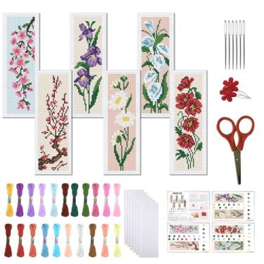 Imagem de FREEBLOSS Conjunto de 6 conjuntos de marcadores de página de ponto cruz, kit de ponto cruz estampado com 6 flores coloridas, kits de bordado de 11 CT com instruções para iniciantes e adultos 20 x 6 cm