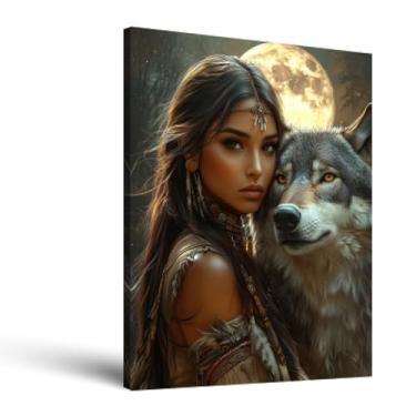Imagem de Arte de parede de mulher nativa americana decoração de parede de lua cheia noite imagens em tela menina indiana com lobo pintura pôster casa sala de estar quarto decoração (40,6 x 50,8 cm)