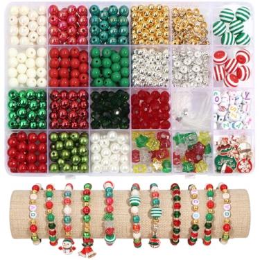 Imagem de Kit de contas de Natal para fabricação de pulseiras, contas acrílicas de vidro pérola verde vermelha, 750 peças + contas de Natal sortidas, berloques de Natal com letras estrelas, espaçador, miçanga