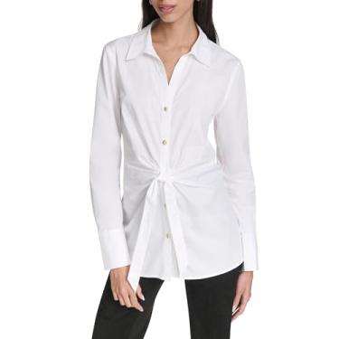 Imagem de H Halston Vestido feminino de manga comprida com gola e detalhe de gravata, Branco, PP