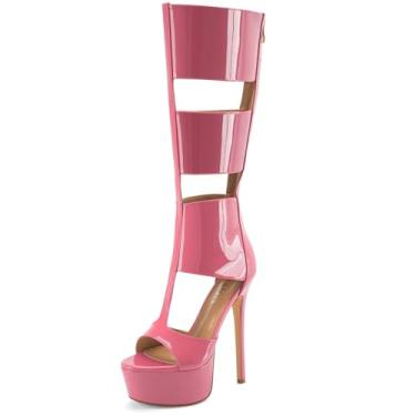 Imagem de Perisis Sandálias gladiadoras plataforma até o joelho para mulheres sexy aberto peep toe salto alto stiletto moda verão vestido festa dança botas com zíper, Patente rosa, 42