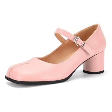 Imagem de Sapatos femininos Tabi Black Mary Janes bico dividido salto alto bloco grosso tira tornozelo confortável vestido trabalho escola escarpin, Salto rosa claro, 34