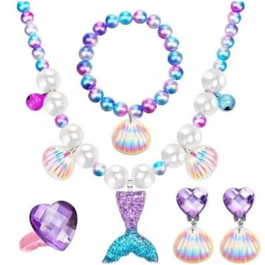 Imagem de Kit Bijuterias Acessórios Sereia Infantil com Colar Brincos Pulseira e