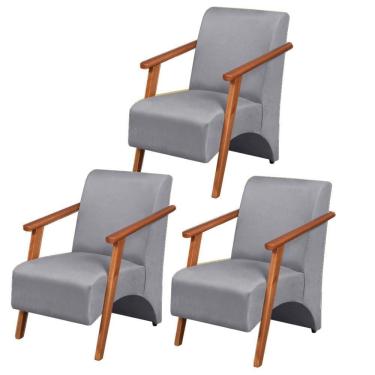 Imagem de Kit 3 Poltronas Venus 1 Lugar Braço Madeira Maciça Tecido Suede Unidecor Cinza