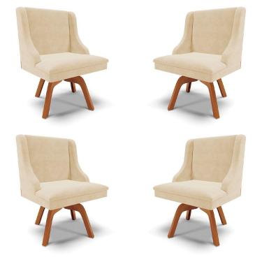 Imagem de Kit 4 Cadeiras Decorativas Sala De Jantar Base Giratória De Madeira Firenze Suede Bege/natural
