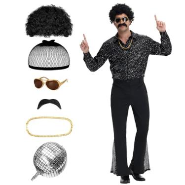 Imagem de TobWeaL Roupas de discoteca masculinas dos anos 70 – Conjunto retrô de calça e camisa com acessórios dos anos 70 para festa temática de Halloween, Preto, GG