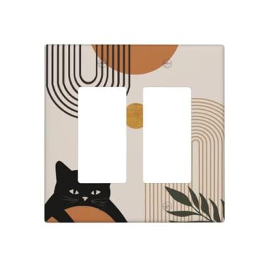Imagem de JDAKHD Boho Meados do Século Moderno 2 Gangs Placa de Parede Decorativa Abstrata Gato Preto e Folha Verde Arco Sol Design Gfci Dimmer Compatível com Interruptor de Luz para Sala de Estar e Casas