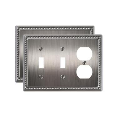 Imagem de TREEWELL Pacote com 2 placas para interruptor de luz duplex/duplo, placas decorativas e tampas de tomada com pérolas prateadas antigas, placas de parede de metal para tomadas elétricas