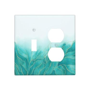 Imagem de DWBGUO Capas de tomada decorativas, azul, verde, dourada, folha de mármore líquido, 2 gangs, placa de parede, interruptor de luz duplex, placa de interruptor para decoração de quarto e cozinha