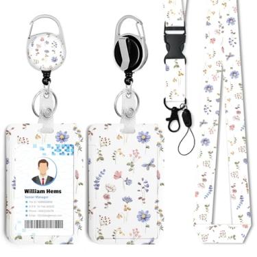 Imagem de Porta-crachá de identificação de flores com cordão de separação e carretel retrátil resistente - chaveiro mosquetão giratório de 360° para mulheres, estudantes, professores, enfermeiros, uso no