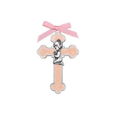 Imagem de Cruz de parede rosa para meninas - presente de batismo para meninas, primeira comunhão, cerimônia de batizado, decoração de parede de berçário, lembrança religiosa dos padrinhos