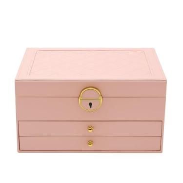 Imagem de Porta Joias de Couro PU com 3 Gavetas Fechadura com Chave de Segurança 2 Camadas Forro Aveludado 23x17x12,8cm Espaços Adicionais para Brincos de Pressão Design Elegante Espaçoso e Versátil (Rosa)