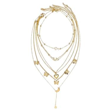 Imagem de 6 peças delicadas em camadas com pingente de borboleta, estrelas, lua, cruz, pérola, coração, corrente de ouro, ajustável, empilhável, dourado, gargantilha, conjunto de joias para presente para