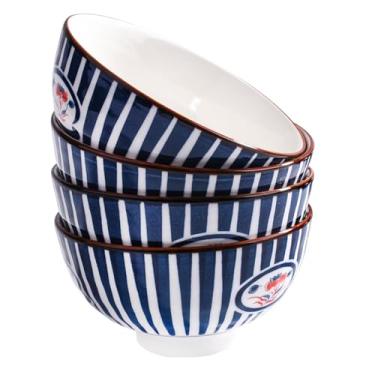Imagem de Tigelas de arroz de cerâmica estilo japonês, padrão floral tradicional, azul e branco, 11 cm de diâmetro, 6 cm de altura, conjunto de 4 (LH)