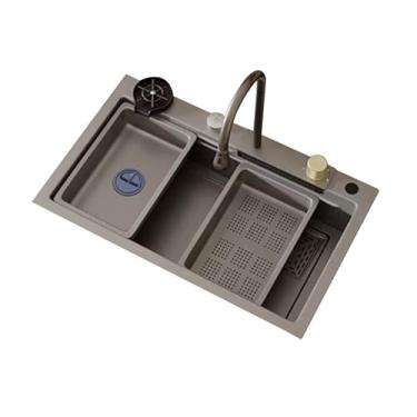 Imagem de TRGCJGH Pia de cozinha de estação de trabalho de montagem dupla, pia de cozinha embutida e embaixo da pia de aço inoxidável em cascata (80 x 45 cm/12,4 x 17,7 polegadas, cinza pistola)