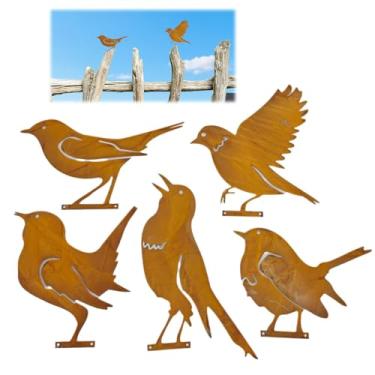 Imagem de hinbkenla 5 peças de decoração de pássaros enferrujados, decoração de quintal de pássaros de metal, cerca, arte de jardim para esculturas e arte de quintal, decorações de cerca ao ar livre, decoração