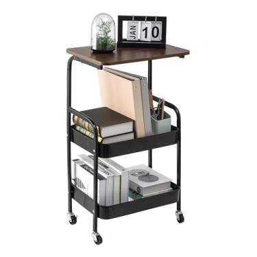 Imagem de Beramon Carrinho utilitário com rolamento de metal de 3 camadas com mesa de madeira, rodas bloqueáveis, organizador de armazenamento móvel que economiza espaço para escritório, banheiro, quarto
