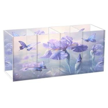 Imagem de SEHANY Porta-canetas de acrílico com flores de borboleta coloridas, 4 compartimentos, porta-lápis transparente, organizador de pincéis de maquiagem, organizador de papelaria para escritório, casa