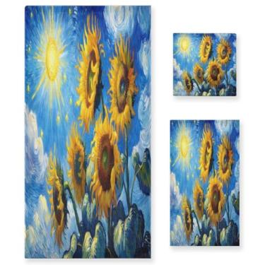 Imagem de ATTX Conjunto de toalhas de banho com pintura a óleo de girassóis de 3 peças - Ultra macio e de secagem rápida, toalhas de mão absorventes de grau de hotel e spa para banheiro #111