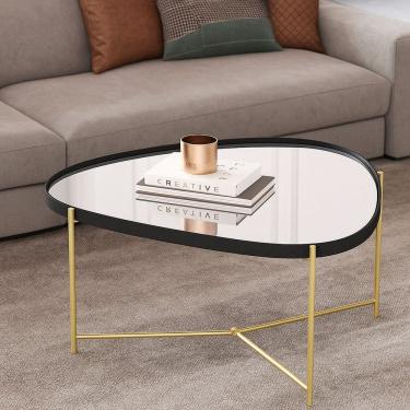 Imagem de Mesa de Centro com Borda em Couro Sintético Espelho e Pés em Ferro Alamanda Preto/Dourado