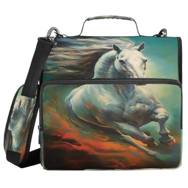 Imagem de Blueangle Pasta com zíper de pintura galopante de cavalo, bolsa de fichário de 3 anéis de 3 cm comporta 500 páginas, organizador de zíper com vários bolsos com alça ajustável e alça (674)