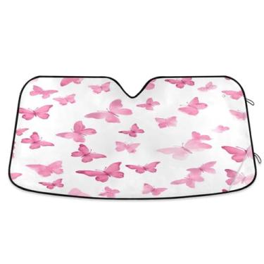 Imagem de ATTX Para-brisa de carro borboletas rosa aquarela 144.8 cm x 80.0 cm escudo solar universal com proteção UV, persiana de janela frontal automática dobrável para caminhões Sedans SUVs #537