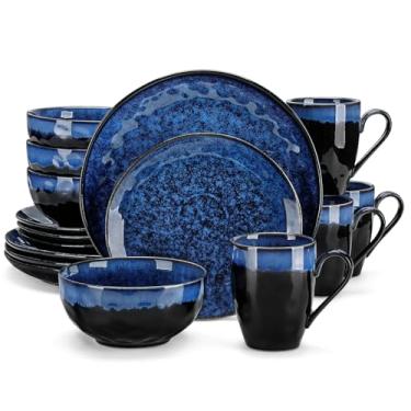 Imagem de vancasso Conjunto de 16 peças de louça azul, conjunto de pratos de esmalte reativo, conjunto de pratos e tigelas de grés de cerâmica, tigelas e canecas para 4, pode ir ao micro-ondas e à máquina de