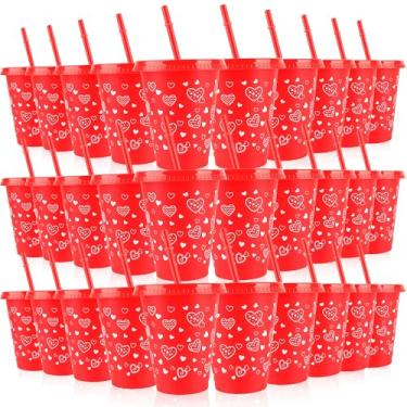Imagem de Conjunto de 30 copos de Dia dos Namorados com tampas e canudos de 473 ml, coração vermelho, para decorações de Dia dos Namorados, Natal, casamento, aniversário, festa, café, bebidas, suco de chá