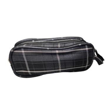 Imagem de Estojo Necessaire Duplo Xadrez Preto Pompom Escola Maquiagem