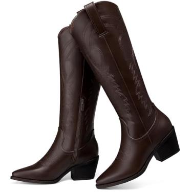 Imagem de TEMOFON Botas de cowboy para mulheres: Botas de cano alto, bico fino, salto grosso, panturrilha larga com zíper lateral, outono inverno, 18-marrom, 41