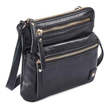 Imagem de Wise Owl Accessories Bolsa transversal feminina pequena de couro real com zíper triplo - bolsa tiracolo vintage premium, Nappa preta, 6” x8.5” x 1.5”