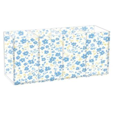 Imagem de CEBUGI Porta-canetas de acrílico com 4 compartimentos, organizador de lápis transparente, porta-pincéis de maquiagem com flor azul pequena para armazenamento em casa e escritório