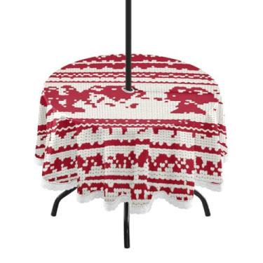 Imagem de CEBUGI Toalha de mesa redonda para uso ao ar livre, padrão natalino, impermeável, com furo Umberlla, capa de mesa lavável para pátio, cozinha, sala de jantar, 152 cm