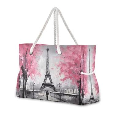 Imagem de Wassud Bolsa de praia grande para mulheres, romântica, Torre Eiffel, impermeável, à prova de areia, bolsa de viagem com zíper e bolso para piscina, academia, acampamento