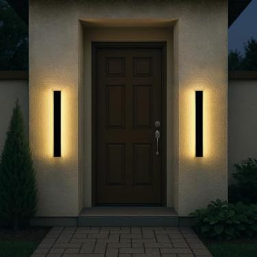 Imagem de SJIGUANGZ Pacote com 2 arandelas de parede modernas, luzes de parede externas de 81,5 cm, luzes externas lineares longas IP65 à prova d'água, montagem externa de 3000 k para sala de estar, pátio