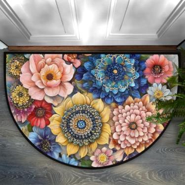 Imagem de Bardic Tapete de porta meio redondo, entrada interna, boho, flores coloridas, dália, antiderrapante, absorvente, tapetes de banheiro 61 x 91 cm, tapetes semicírculos, tapetes de área para casa