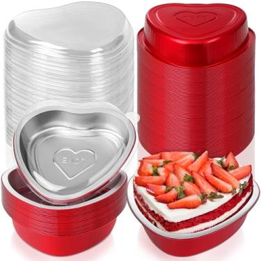 Imagem de Fovths 72 formas de bolo em forma de coração, 652 g de folha de alumínio em forma de coração com tampas, copos descartáveis extragrandes para assar pudim de sobremesa, vermelho