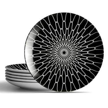 Imagem de AYFDISHS Conjunto de 6 pratos de salada de 20 cm, pratos de cerâmica com padrão de grade preta e branca, design quadriculado para almoço, macarrão e salada, seguro para micro-ondas e lava-louças