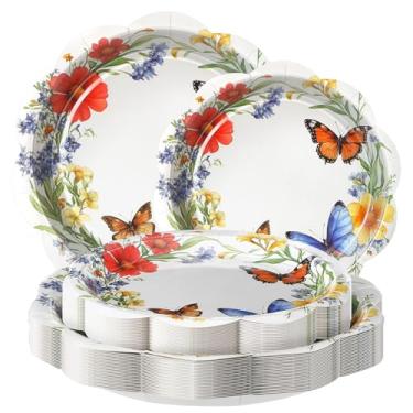 Imagem de Zhehao 50 peças de pratos de papel de festa de flores silvestres 18 cm 23 cm borboletas florais descartáveis pratos de sobremesa flores chá de mesa para primavera verão nupcial chá de bebê suprimentos