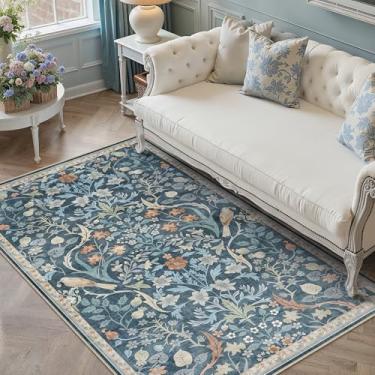 Imagem de WondRg Tapete floral lavável de 10 x 15 cm para sala de estar, azul claro, antiderrapante, macio, vintage, camada baixa, resistente a manchas, tapete tradicional, quarto, sala de jantar, lavanderia