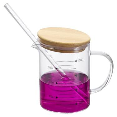 Imagem de PATIKIL Copo medidor de vidro de 350 ml, copo de vidro borossilicato, copos graduados de medição líquida com tampa de madeira, bico em forma de V para cozinha, bebendo, restaurante, balança impressa