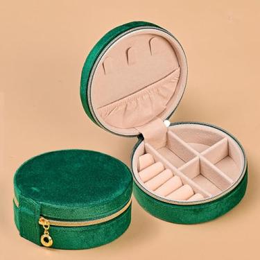 Imagem de 1 caixa de joias portátil de viagem com forro de veludo macio, mini organizador para anéis, brincos, colares, estojo redondo compacto para bolsa, armazenamento de presente para mulheres (verde)