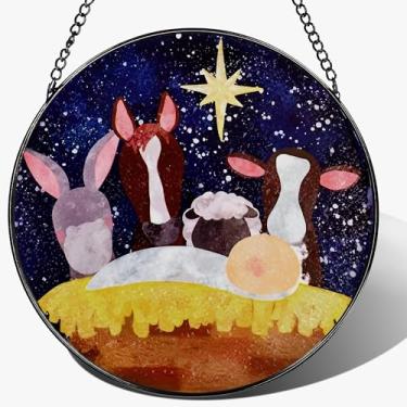 Imagem de LAOWEIKI Captador de sol cristão de vitral de 20,3 cm, decoração suspensa de vitral, enfeite de presépio, decoração de casa religiosa, presente cristão, presente religioso, presentes para o Natal