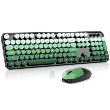 Imagem de Combo de teclado e mouse sem fio, teclado de computador redondo retrô, máquina de escrever tamanho completo, lindo mouse óptico sem fio, Plug and Play, para laptop, PC, computador - verde gradiente