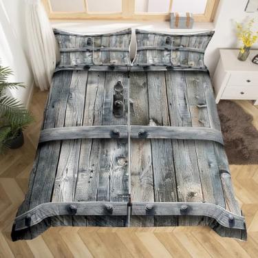 Imagem de Castle Fairy Conjunto de cama com painéis de madeira cinza, capa de edredom rústica para crianças, adolescentes, capa de edredom retrô de metal decorativo, capa de edredom para porta de celeiro com 2