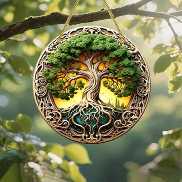 Imagem de Acrílico colorido Suncatcher, árvore da vida ornamentada dourada 18 cm decoração de parede para janela suspensa com design de estilo vitral impresso, ideia de presente e ornamento de jardim, uso