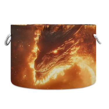 Imagem de JUZIHAI Caixa de armazenamento grande Fiery Dragon, cesto de roupa suja dobrável à prova d'água com alças de corda de algodão para organização doméstica no quarto, banheiro e carro