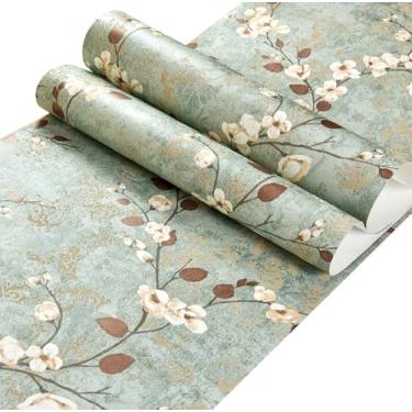 Imagem de Farrich Peel and Stick Papel de parede floral vintage azul-petróleo envelhecido ramo verde e flor branca mural de parede autoadesivo para quarto decoração de sala de estar 52,8 cm x 950 cm