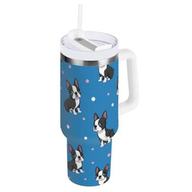 Imagem de ODAWA Garrafa de água grande com isolamento térmico para cães Boston Terrier com canudo e alça, tampa 2 em 1 copo com isolamento duplo
