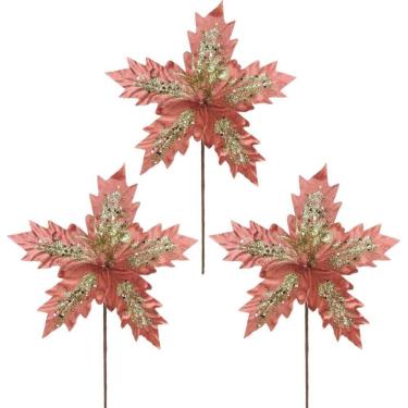 Imagem de Kit 3 Flores Bico De Papagaio Veludo Rosê Pick Natal Glitter Dourado 24cm - Magizi
